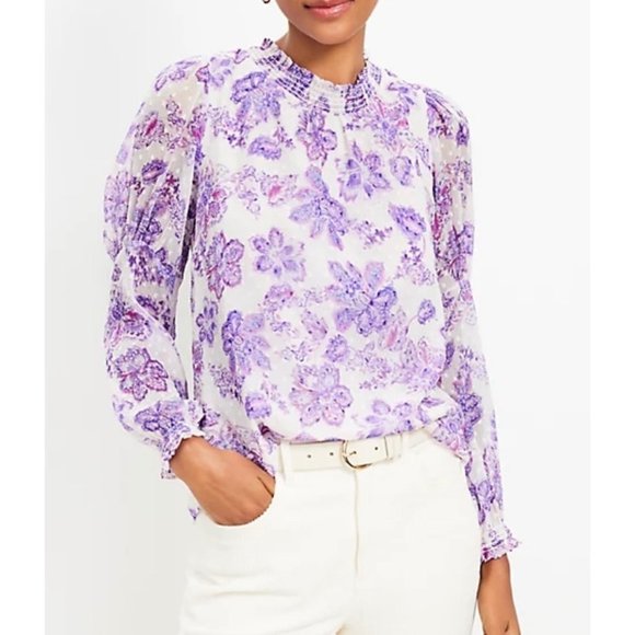 LOFT Women Petite Floral Clip Smocked Puff Sleeve Blouse Large - Picture 16 of 16
